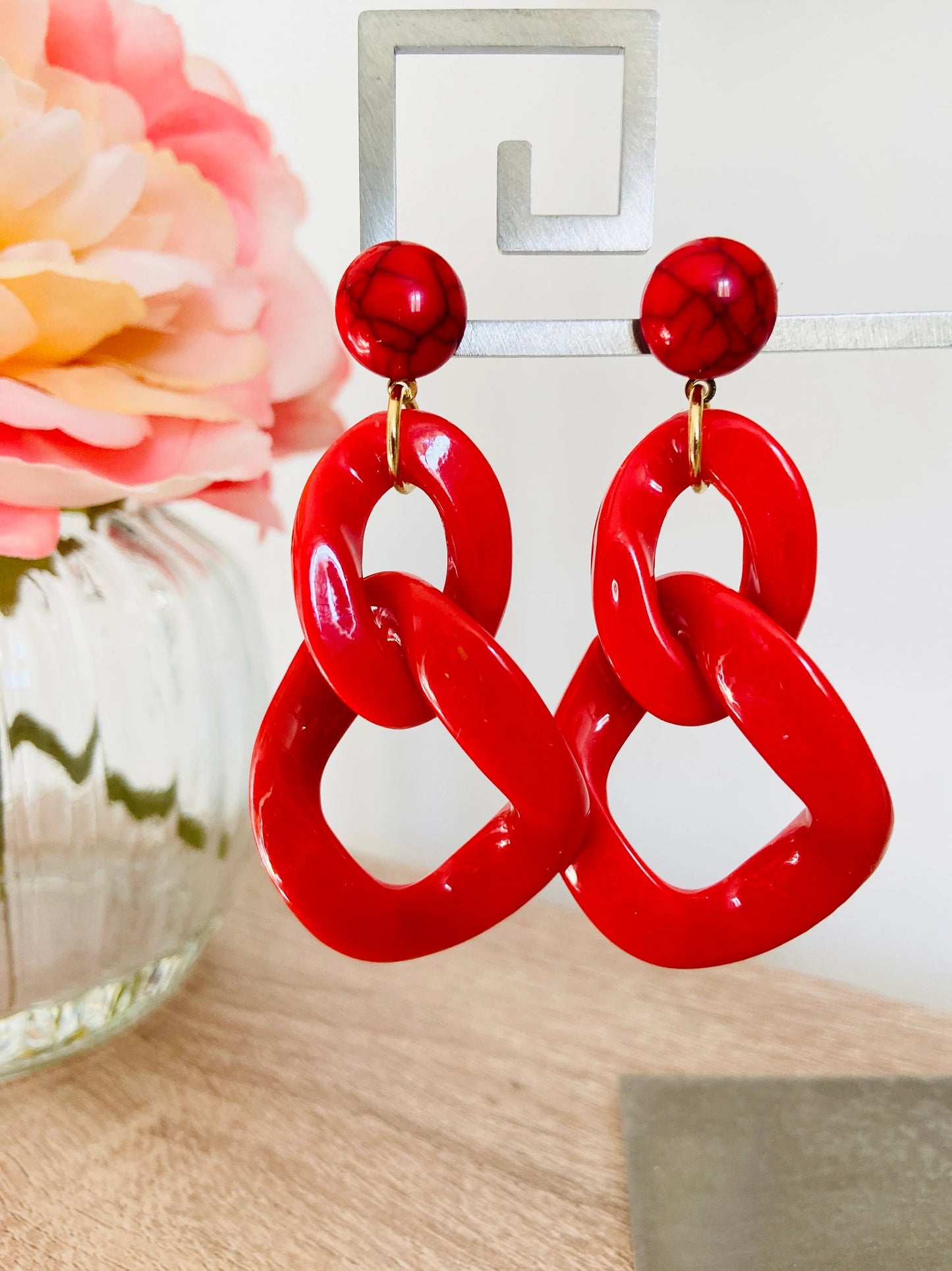 Grosses boucles d'oreilles MARINE à maillons colorés, style vintage fait main - Camilmari Bijoux - Rouge