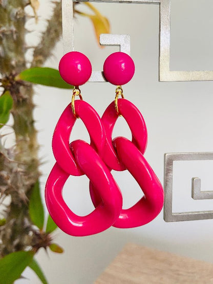 Grosses boucles d'oreilles MARINE à maillons colorés, style vintage fait main - Camilmari Bijoux - Rose bonbon