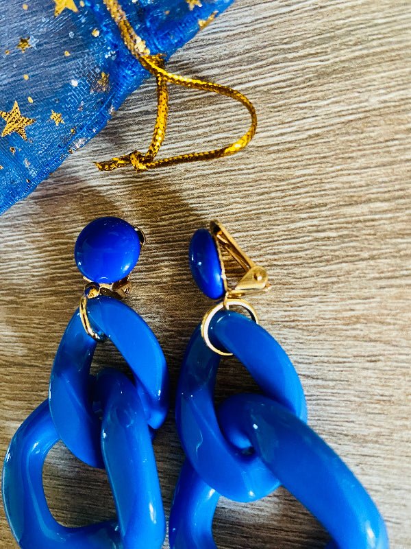 Grosses boucles d'oreilles MARINE à maillons colorés, style vintage fait main - Camilmari Bijoux - Bleu électrique