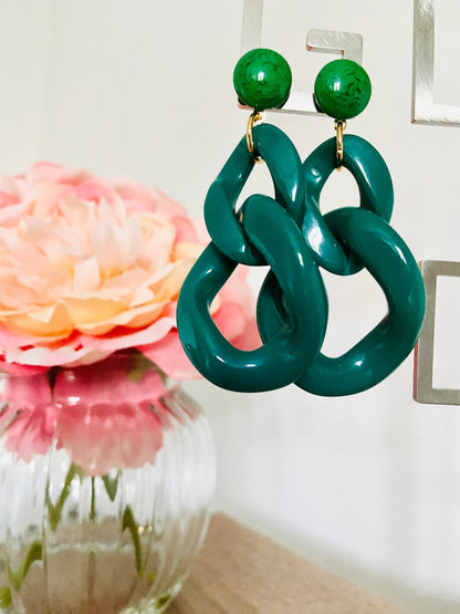 Grosses boucles d'oreilles MARINE à maillons colorés, style vintage fait main - Camilmari Bijoux - Vert émeraude