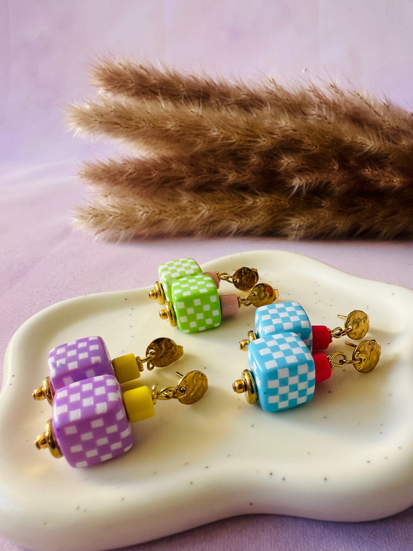 Petites boucles d'oreilles originales SUZETTE - Camilmari Bijoux - Vichy vert anis