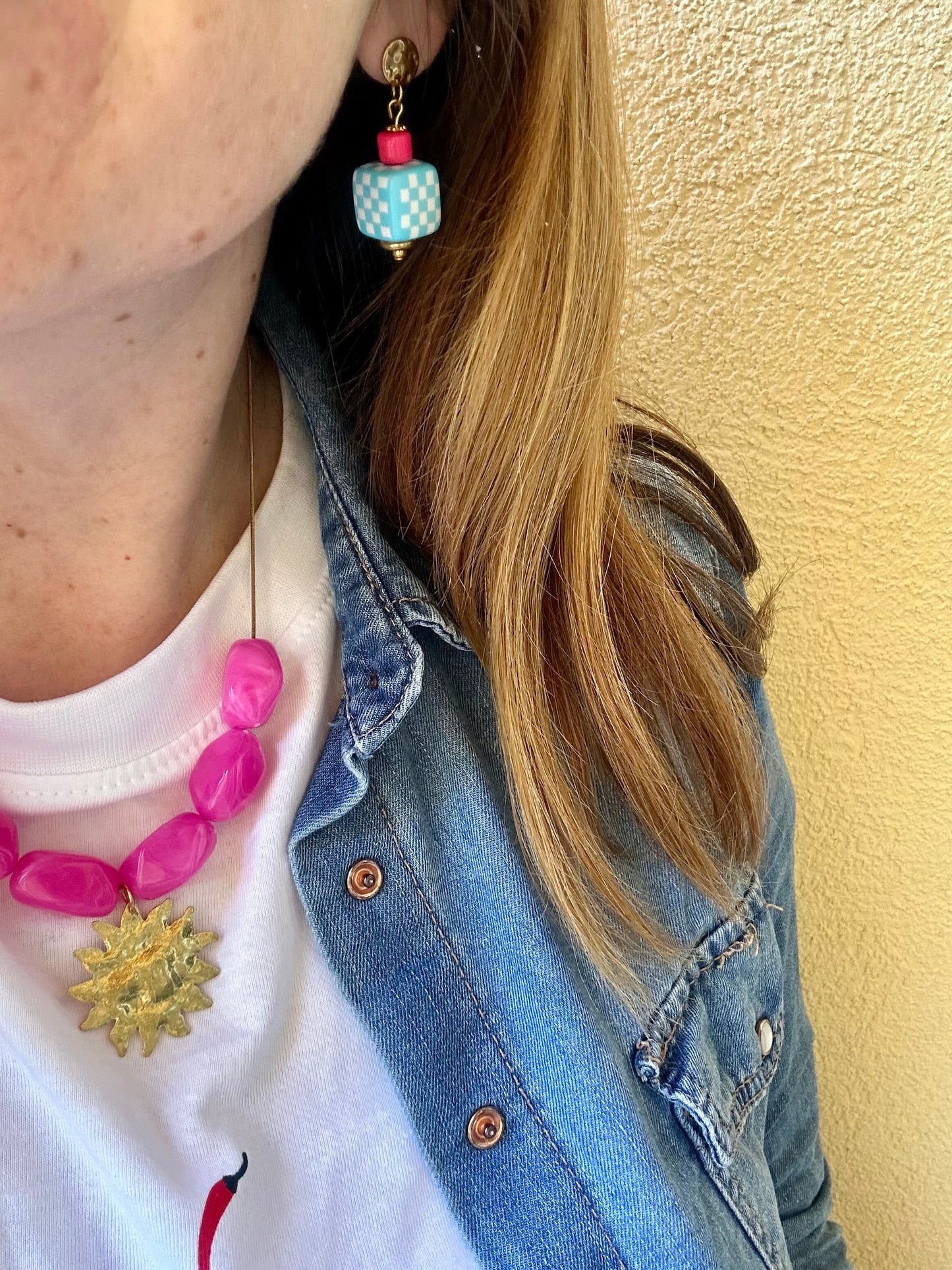 Petites boucles d'oreilles originales SUZETTE - Camilmari Bijoux - Vichy vert anis