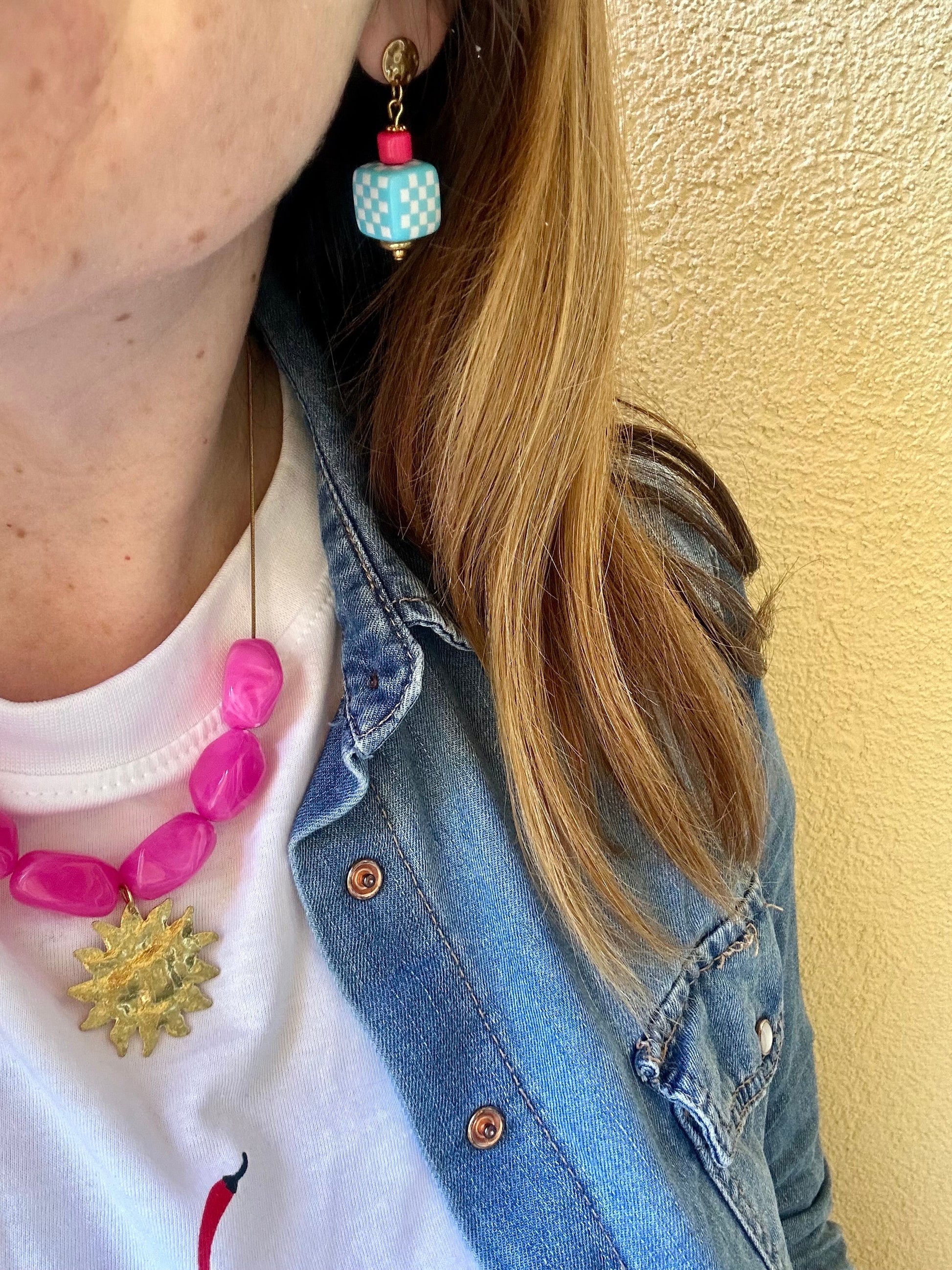 Petites boucles d'oreilles originales SUZETTE - Camilmari Bijoux - Vichy vert anis