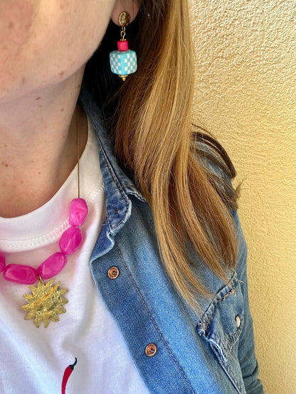 Petites boucles d'oreilles originales SUZETTE - Camilmari Bijoux - Vichy vert anis